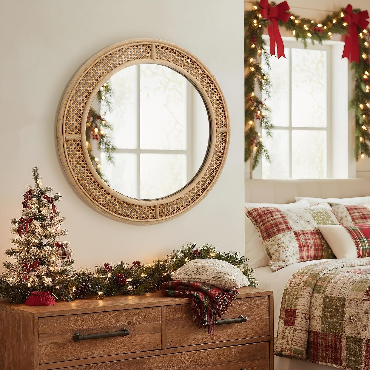 FLORA Round Rattan Wall Mirror with Wooden Framed, Modern Boho Decorative Mirror for Bathroom, Entry, Living Room, Bedroom, 24 Inch