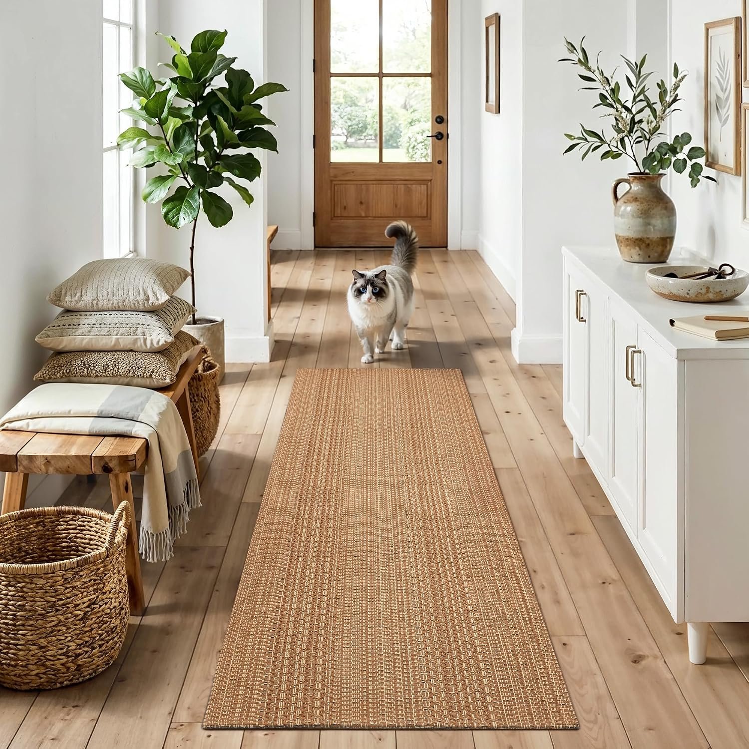 MatEssenz 2×6 Washable Runner Rug, Textured Natural Woven Low-Profile Hallway Runner with Non-Slip Backing, Neutral Brown, for Kitchen, Laundry Room, Entryway