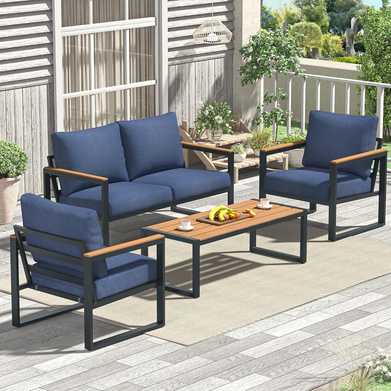 4 Pieces Metal Patio Furniture Set for Outdoor Balcony, Blue
