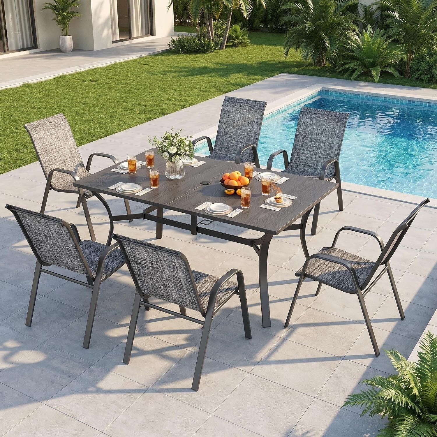 Outdoor Dining Set for 6,7pcs Patio Table and Chairs Set with Adjustable Umbrella Hole,Heavy Duty 63”x37.8” Metal Dining Table and Stackable Patio Chair for Yard, Garden, Porch