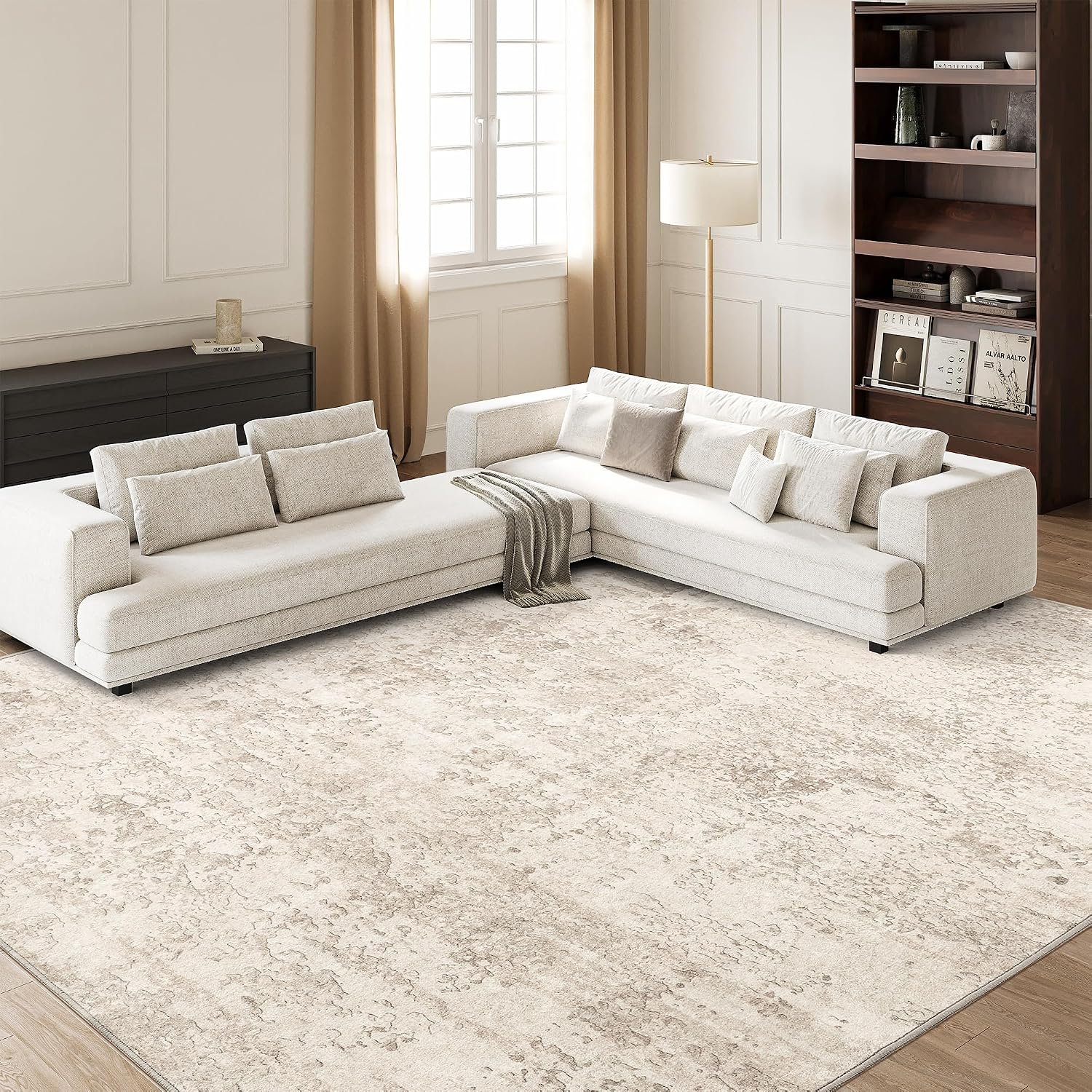 Washable Rugs 8×10, Beige Abstract Large Area Rugs for Living Room