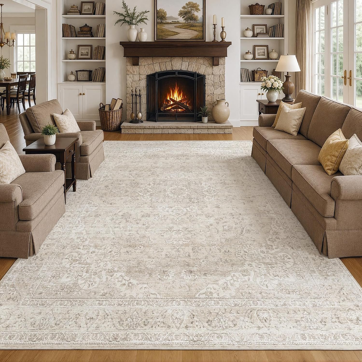 FMFUNCTEX 8×10 Washable Beige Neutral Vintage Soft Area Rug for Living Room