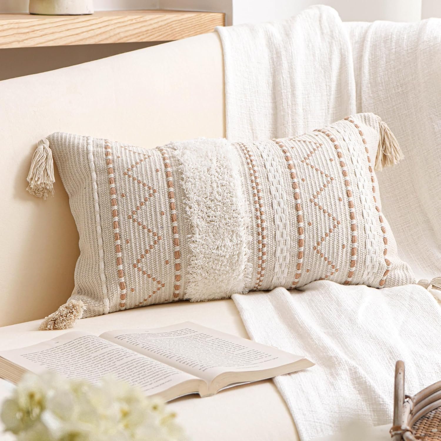 BlissBlush 12×20 Lumbar Pillow Cover, Cream Neutral Beige Rectangular Decorative Cushion Cover, Boho Accent Pillowcase with Tufted Details and Tassels for Couch Sofa Living Room (Cover Only)