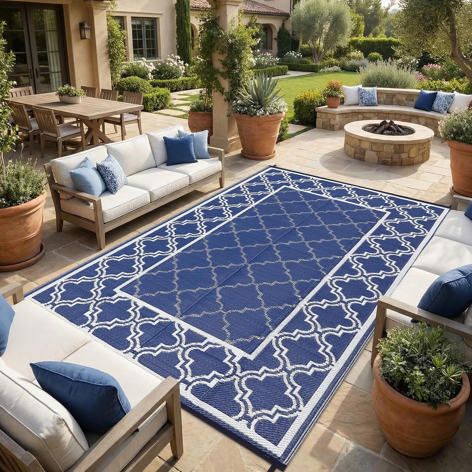 Garvee Reversible Outdoor Rug 5×8, Waterproof Outdoor Plastic Rug, Blue