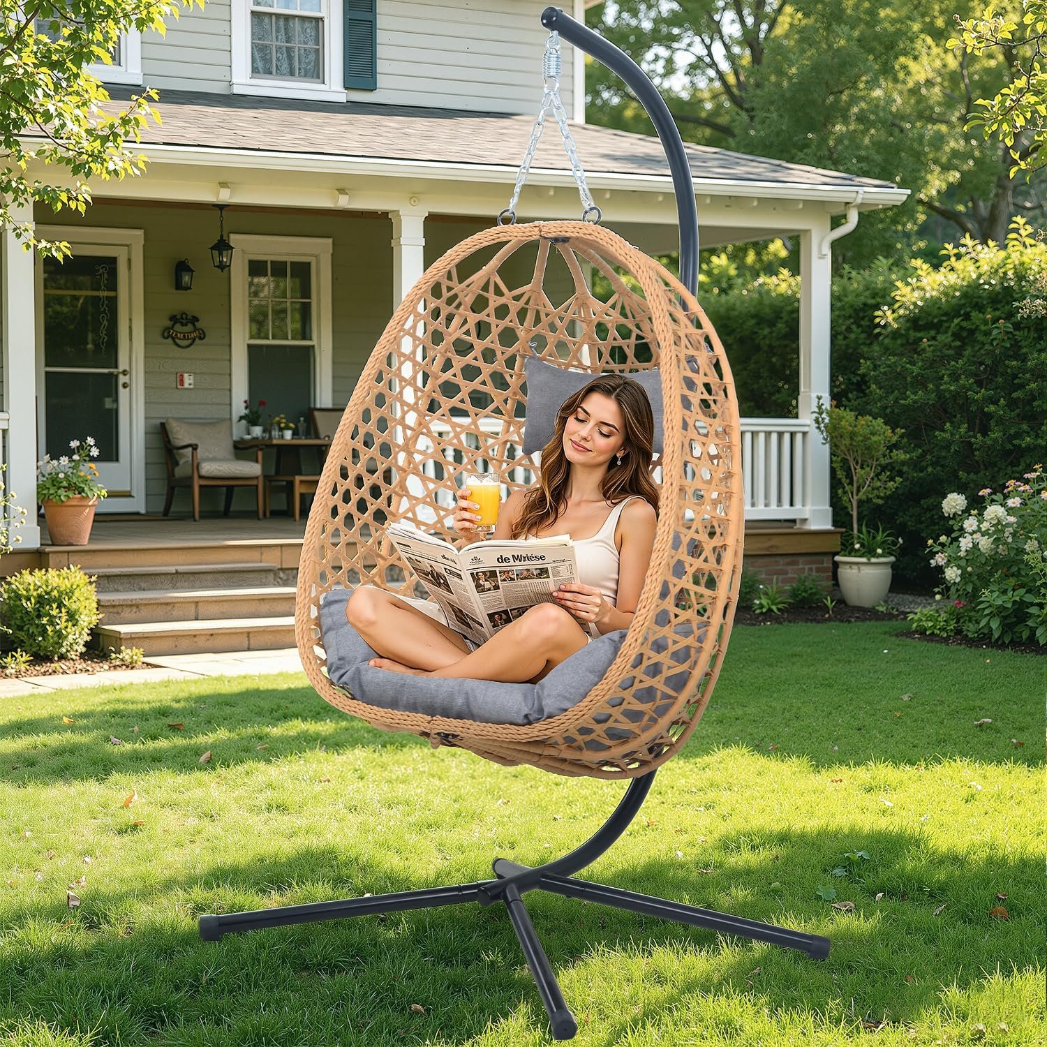 Outdoor Hanging Egg Chair with Stand,Patio Rattan Hammock Chair,Grey