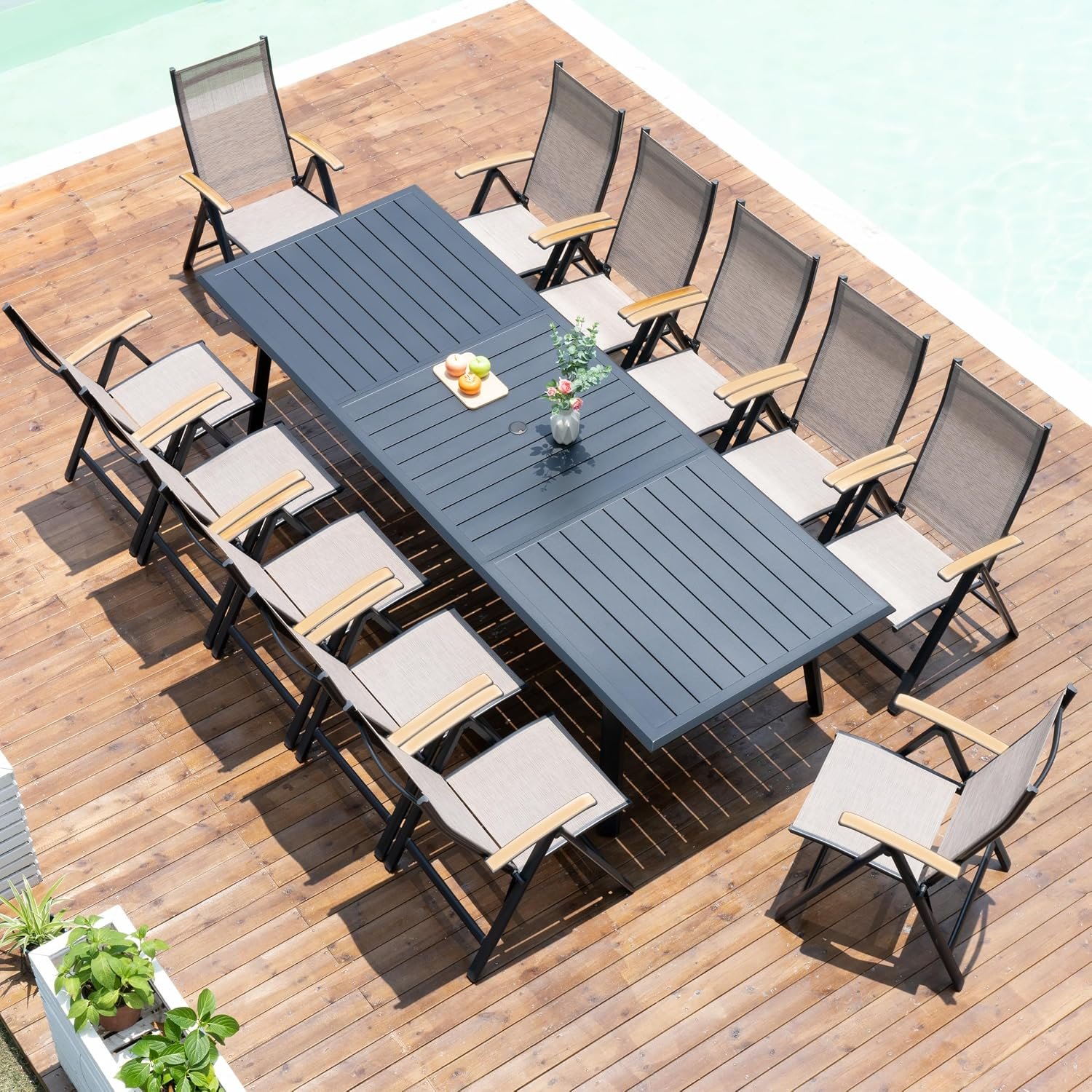 Pellebant 13PCS Outdoor Dining Set for 12, Aluminum Table & Foldable Chair