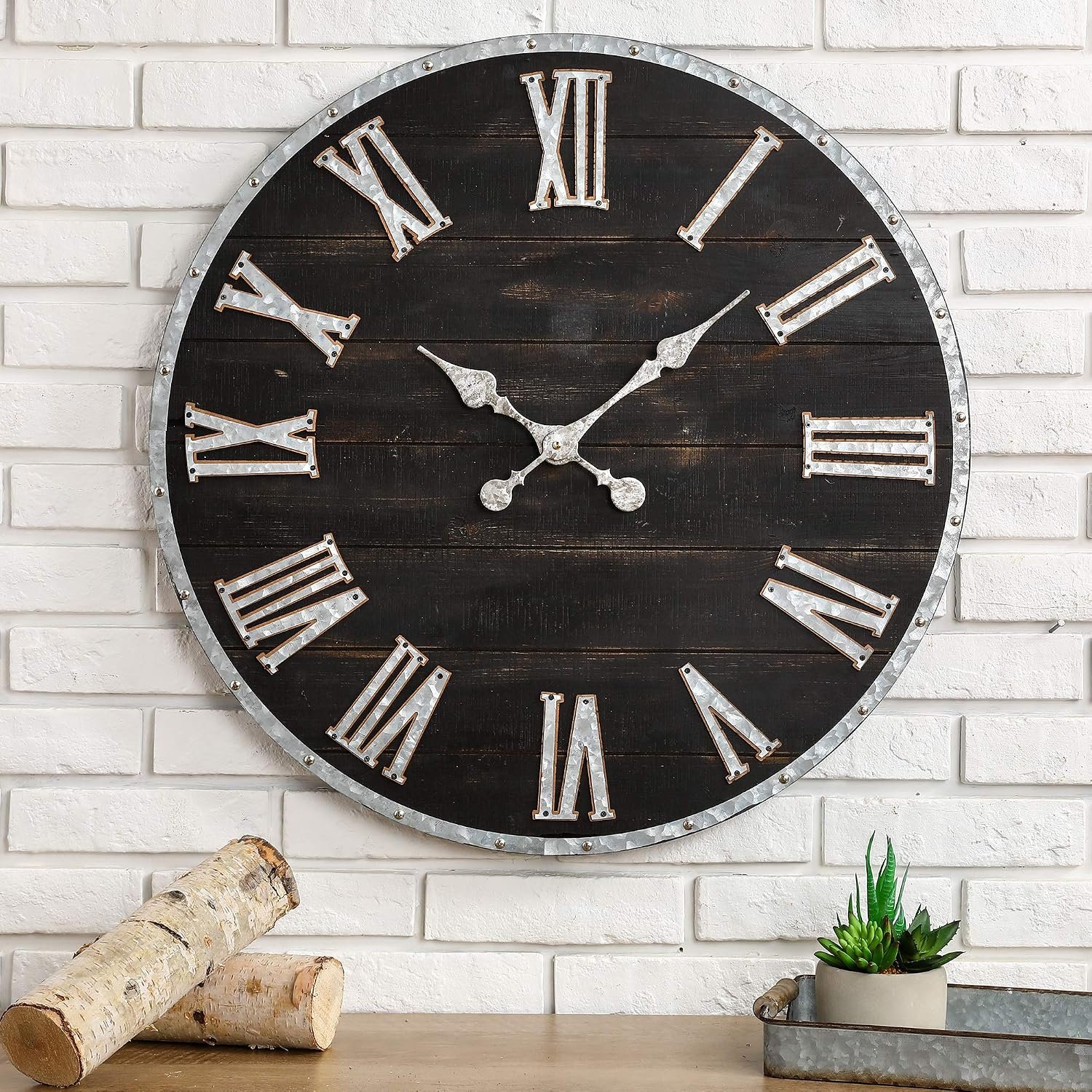 Glitzhome Oversized Rustic Farmhouse Wooden and Galvanized Decorative Large Wall Clock for Home Decor, 27.56″, Black