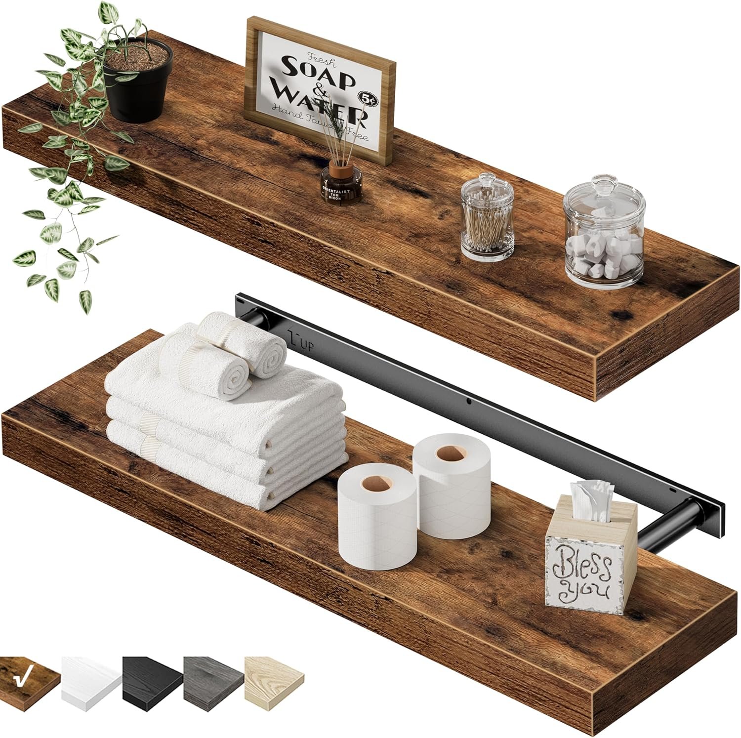 QEEIG Bathroom Long Floating Shelves for Wall (Brown, Set of 2, 23.6″)