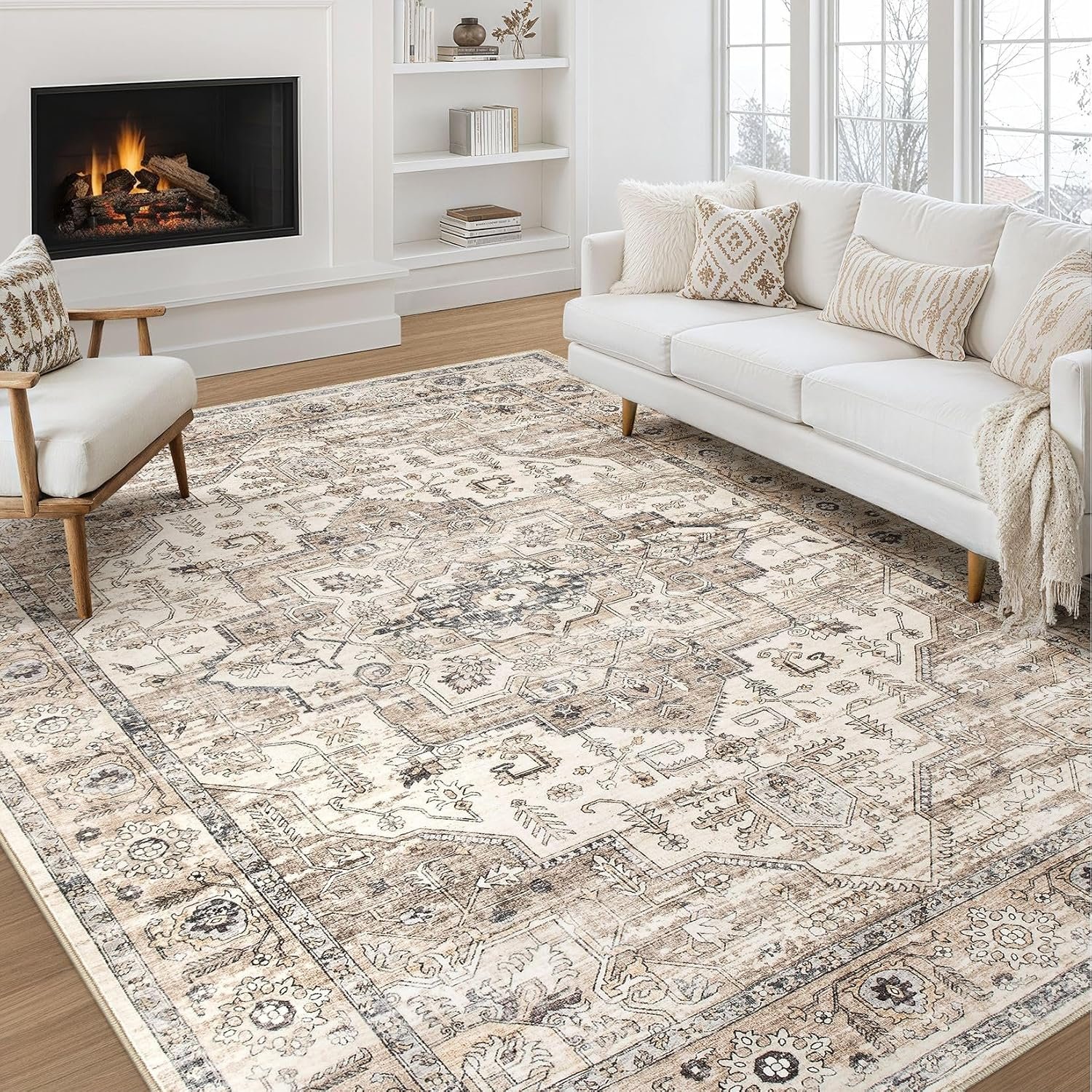 8×10 Area Rugs for Living Room: Washable Vintage Tea Brown Rug