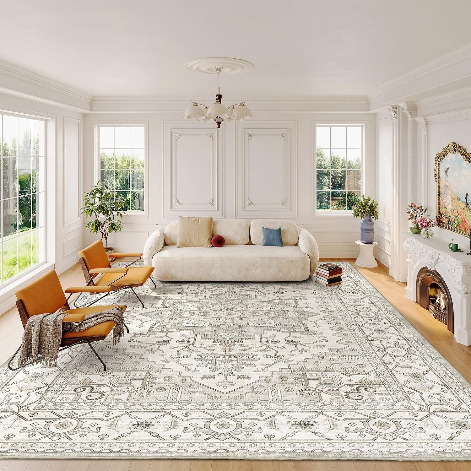 befbee Washable Area Rug 8×10, Large Neutral Beige Carpet for Living Room