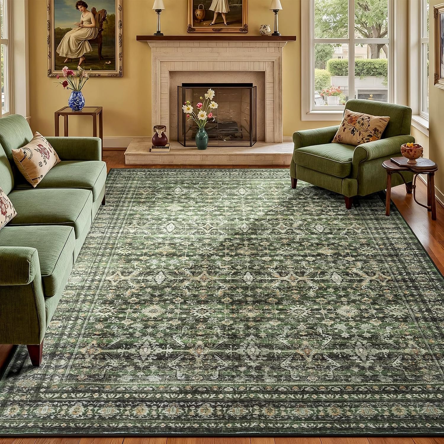 8×10 Area Rugs for Living Room Green Washable Non-Slip Large Carpet