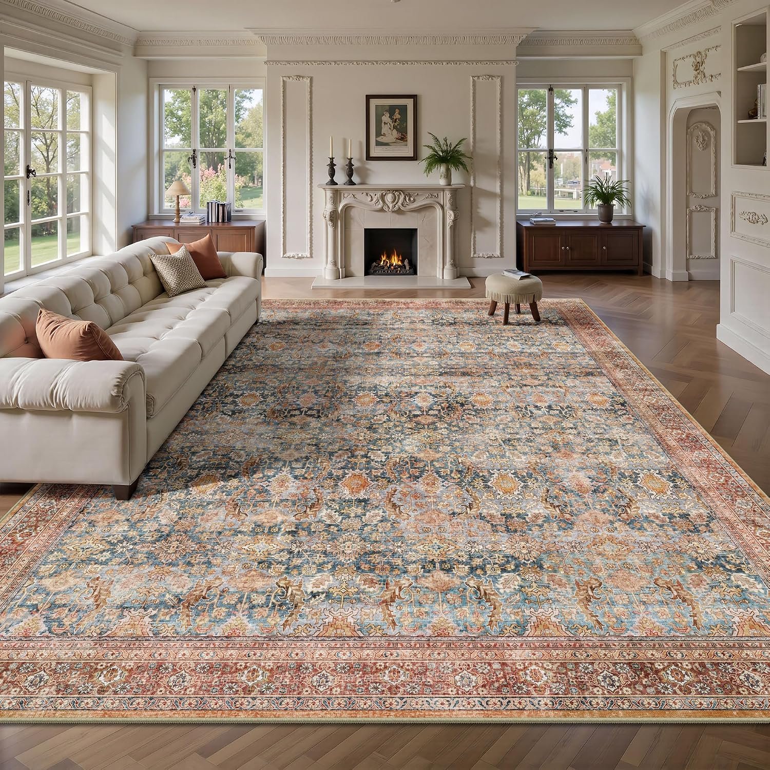 8×10 Area Rugs for Living Room – Washable Vintage Retro Large Rug, Soft Ultra Thin Non Slip Low Pile Traditional Distressed Boho Carpet for Bedroom Dining Room Home Office, Rust Clay