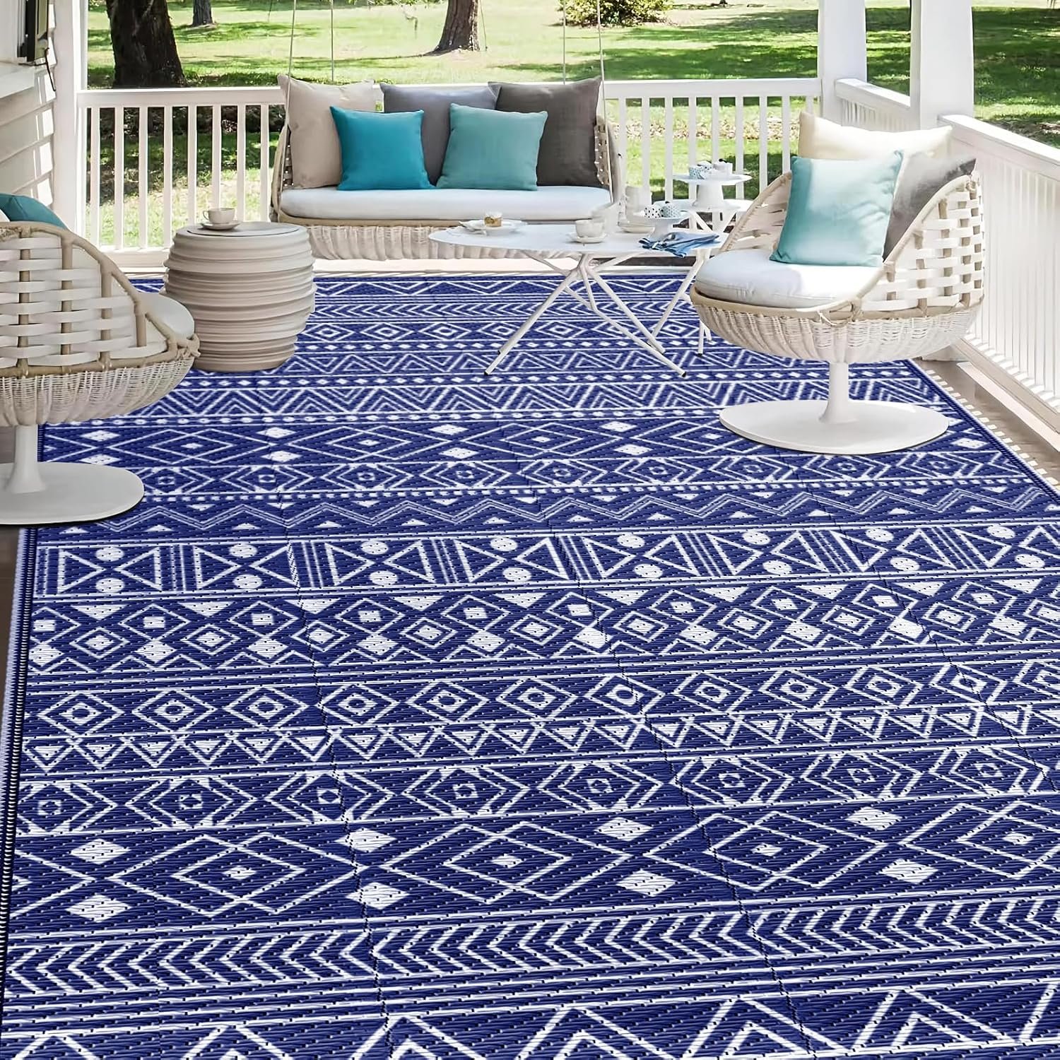 StepLively Outdoor Rug 5×8 ft, Reversible Outdoor Plastic Straw Rugs, Blue