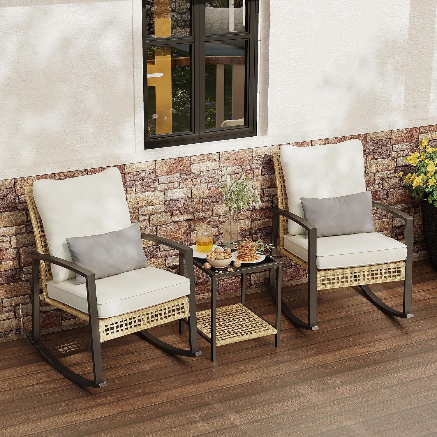3 Piece Patio Rocking Chairs Set of 2, Outdoor Rocking Chair Bistro Set with Tempered Glass Coffee Table and Thick Lumbar Pillow Set, Front Porch Chairs for Garden, Backyard, Poolside (Beige)