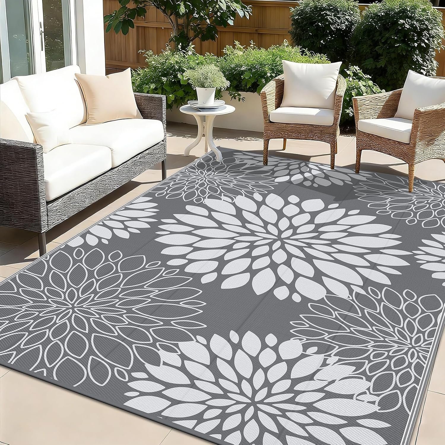Ileading Waterproof Outdoor Rug 6×9, Reversible Plastic Straw Patio Rug, Portable Indoor Outdoor RV Camping Mat Carpet for Deck, Porch, Balcony, Backyard, Picnic, Floral Grey