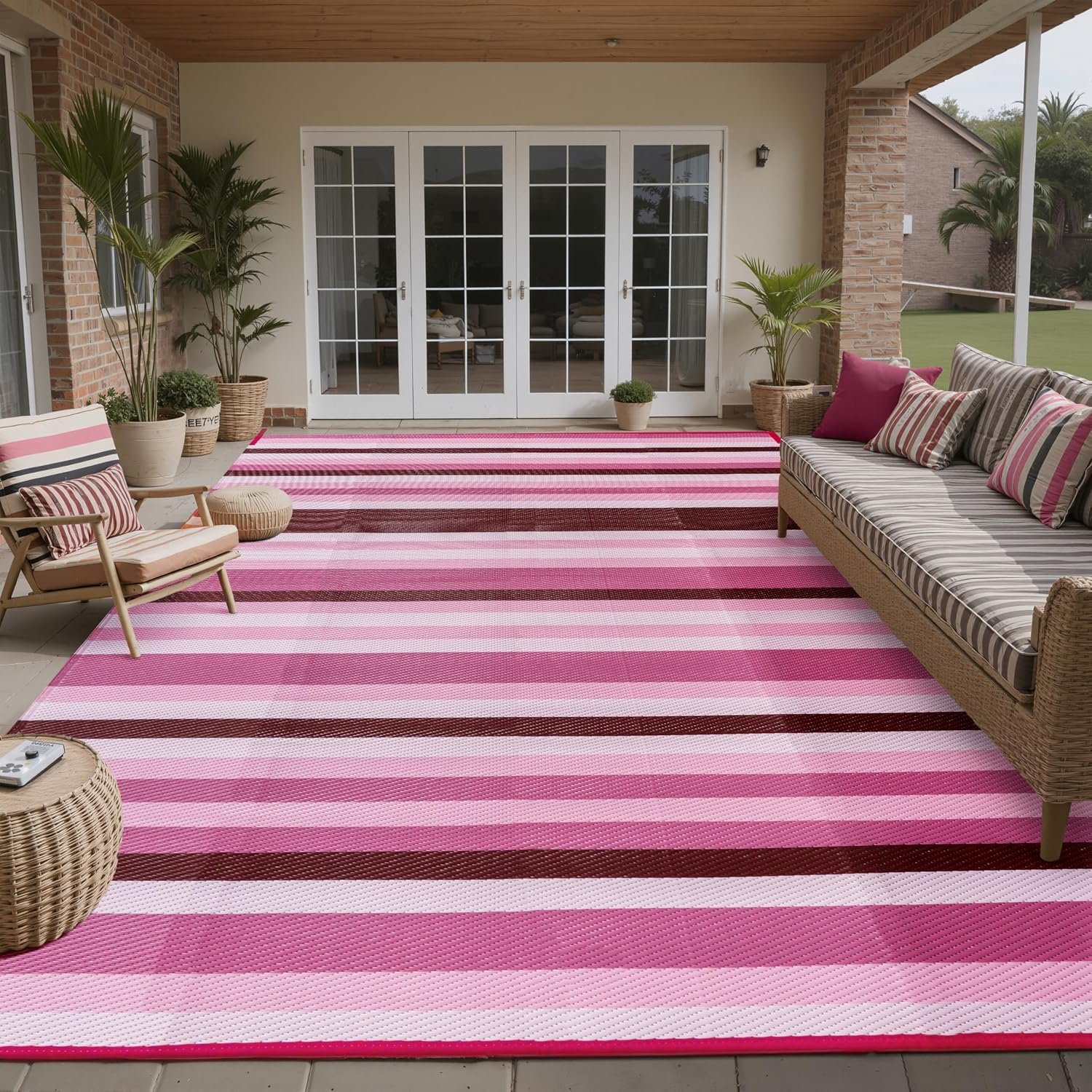 HUGEAR 8×10 Pink Stripe Waterproof Outdoor Rug for Patio
