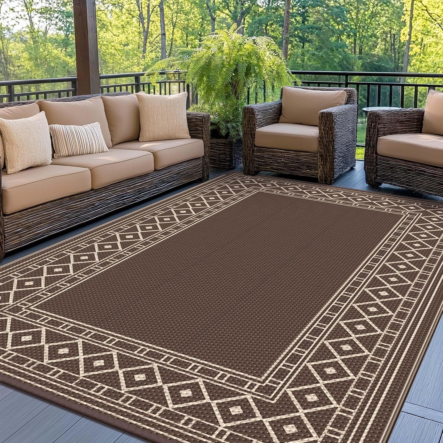 GENIMO Outdoor Rug, Waterproof Plastic Rugs for Patio, 5’x8′ Coffee Beige