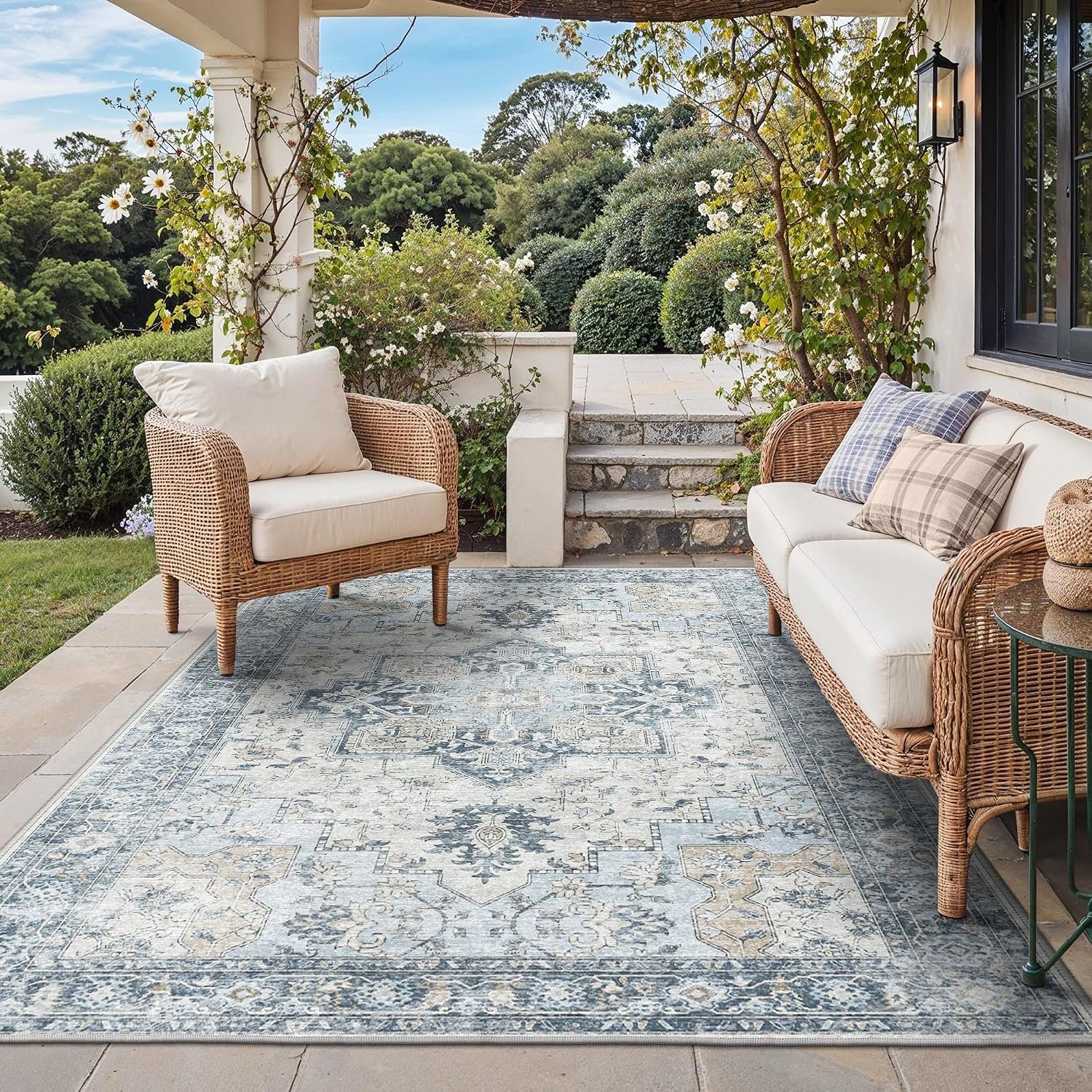 GENIMO 5×8 Outdoor Rug, Washable for Patio and Deck, Light Blue