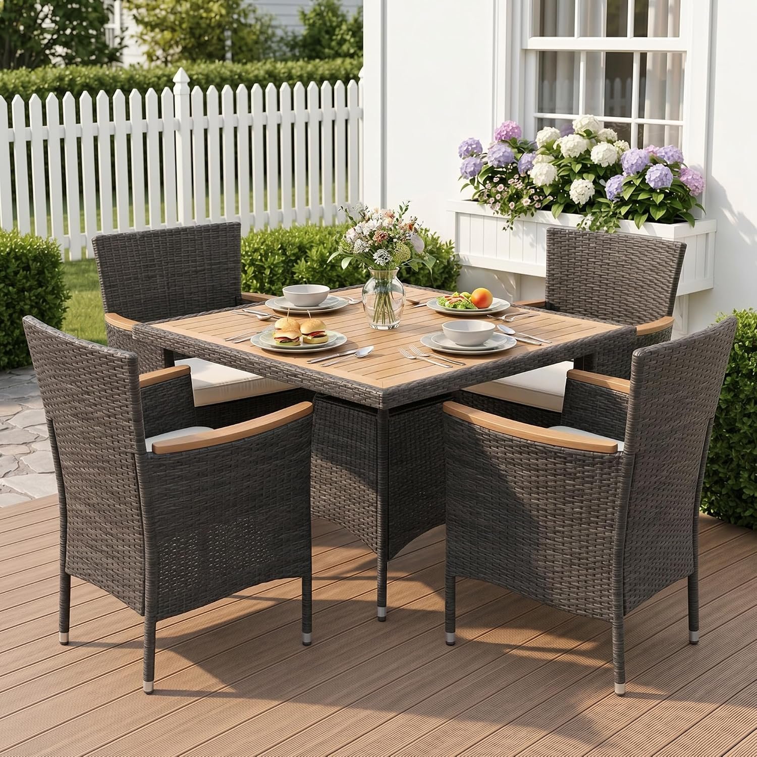 Wisteria Lane Rattan Patio Table and Chairs Set with Acacia Wood Tabletop