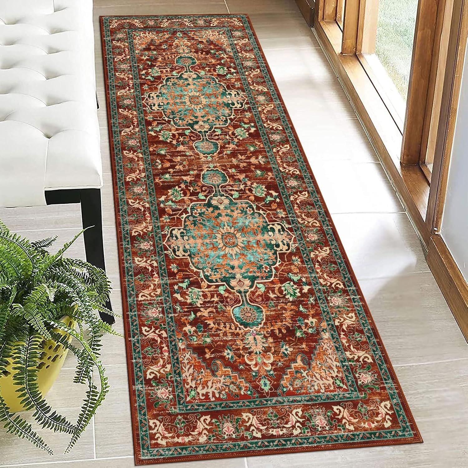 U’Artlines 2′ x 6′ Boho Hallway Runner Rug, Washable Carpet, Rust＆Teal