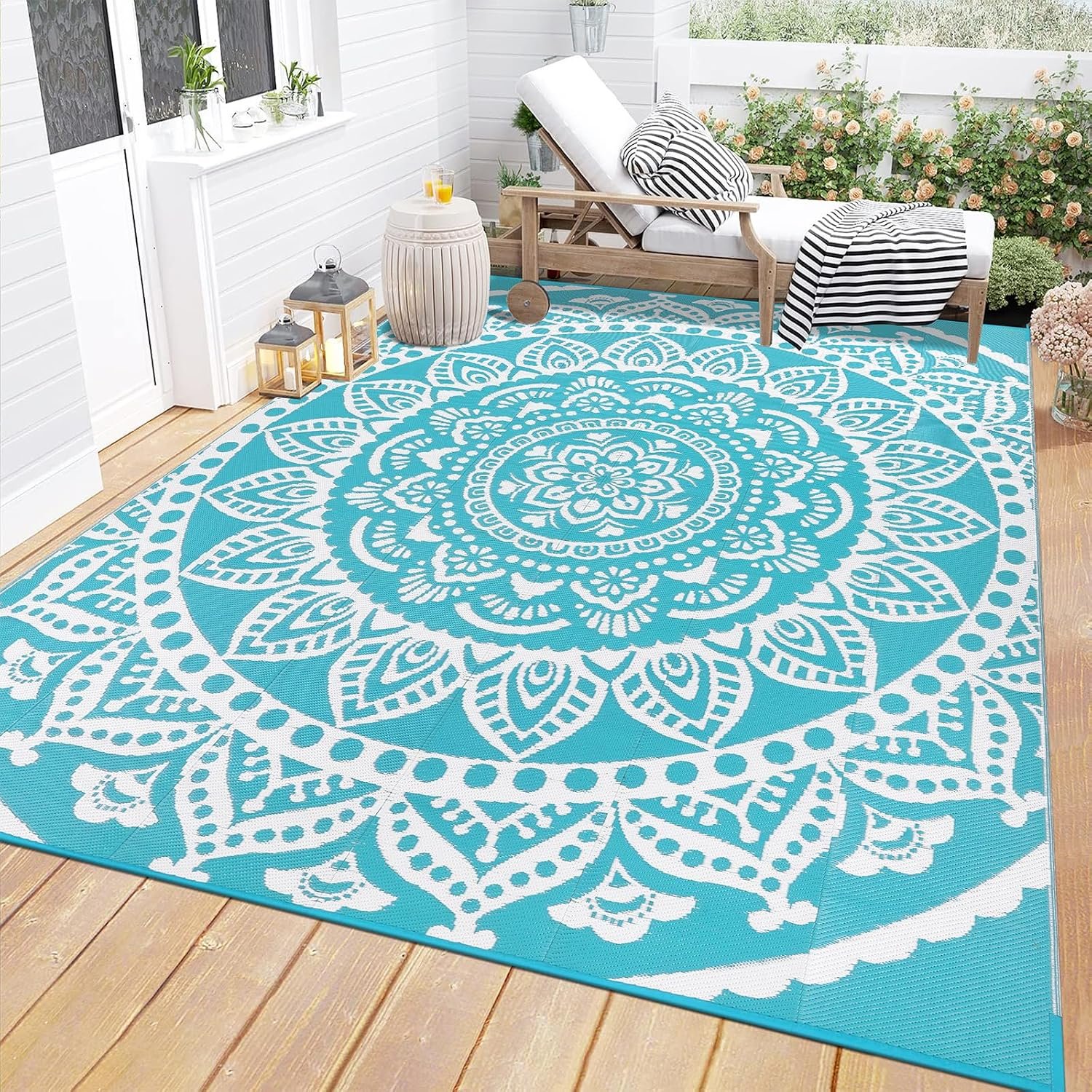 Bsmathom Waterproof Outdoor Rug 6’x9′ Reversible Boho Plastic Straw Patio Deck Camping Rugs, Indoor Outdoor Portable RV Mat Clearance Carpet for Outside, Porch, Balcony, Backyard, Beach, Pool,Teal