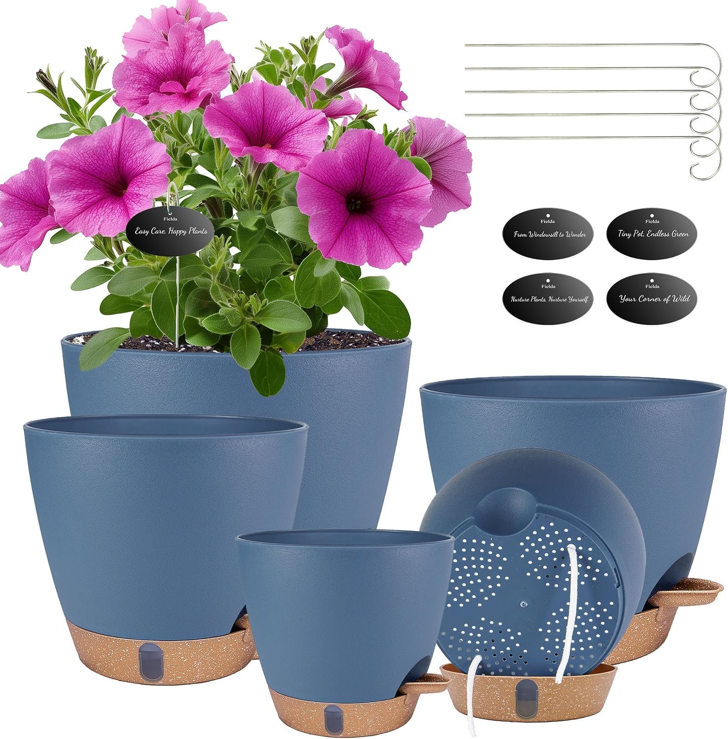 Self Watering Pots for Inoor Ourdoor Plants 8/7/6.5/6/5″ Plastic Planters
