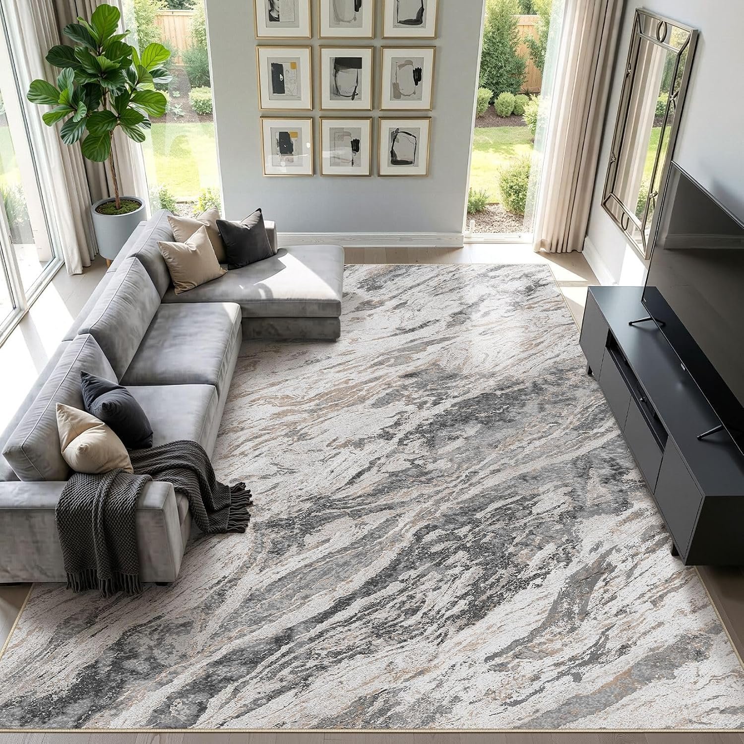 Area Rugs for Living Room: 8X10 Abstract Washable Rug Modern Neutral Large Soft Stain Resistant Non-Slip for Bedroom Dining Room Indoor Home Office Carpet – Taupe
