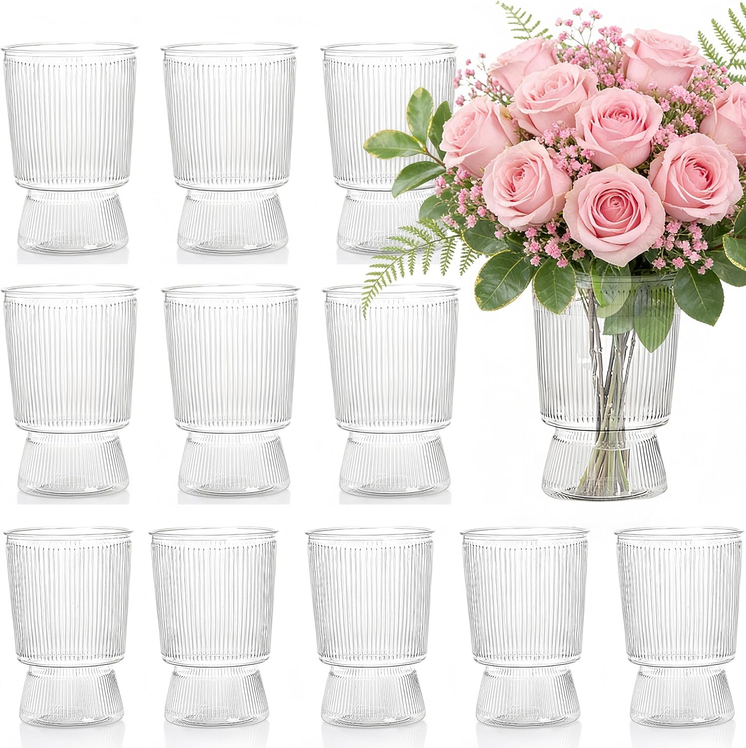 Tlence 12 Pack Clear Plastic Flower Vases, 6.3″ Small Ribbed Fluted Glass-Like Vase, Decorative Modern Ripple Hydroponic Plant Vase with Base for Table Centerpieces Home Decor Wedding Decoration