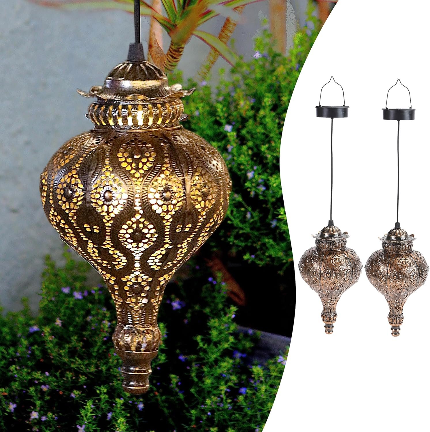 Solar Moroccan Lantern Outdoor Hanging Garden Decor (2 Pack, Bronze)