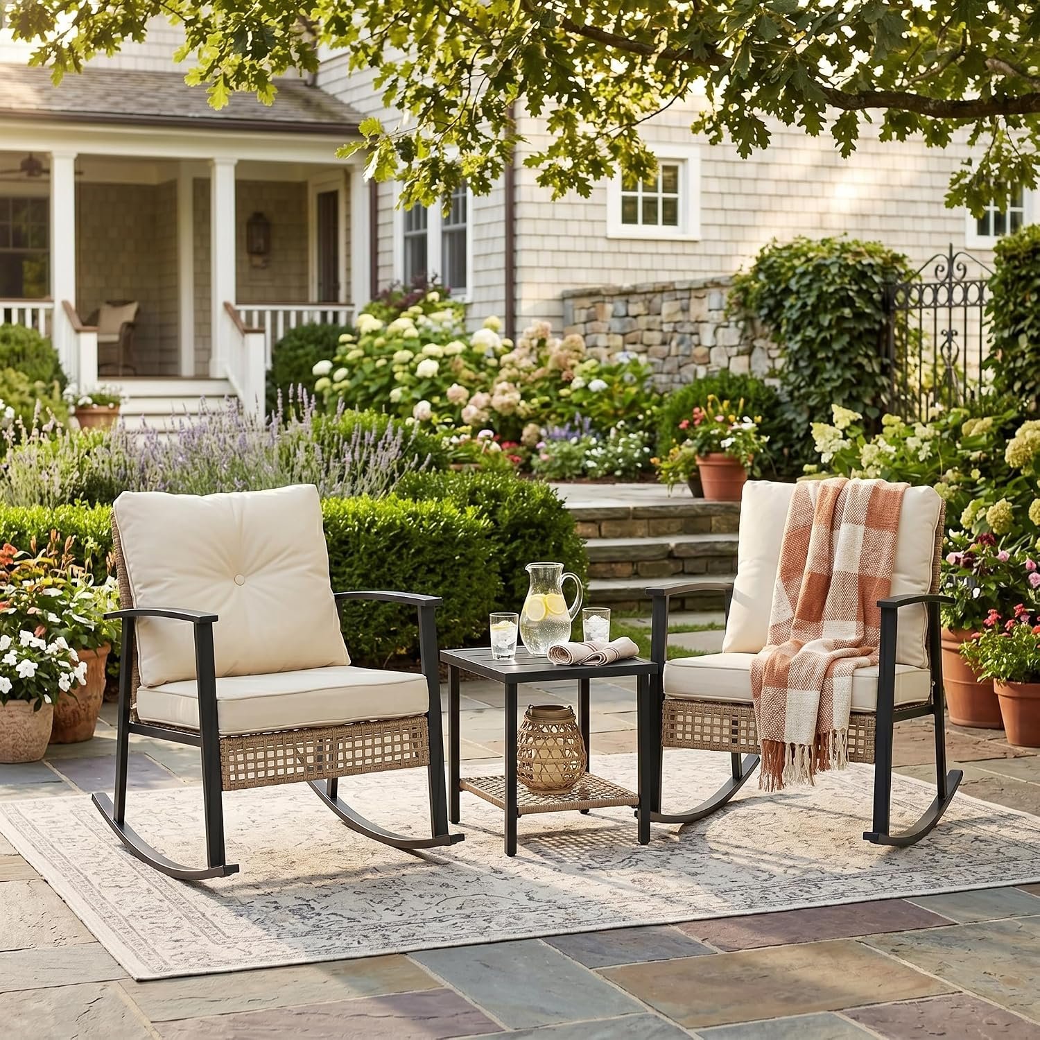 Outdoor Rocking Chairs Set of 2, 3-Piece Bistro Patio Furniture Set with Thick Cushions, Wicker Rocking Chair & 2-Tier Coffee Table for Porch, Garden, Backyard, Beige