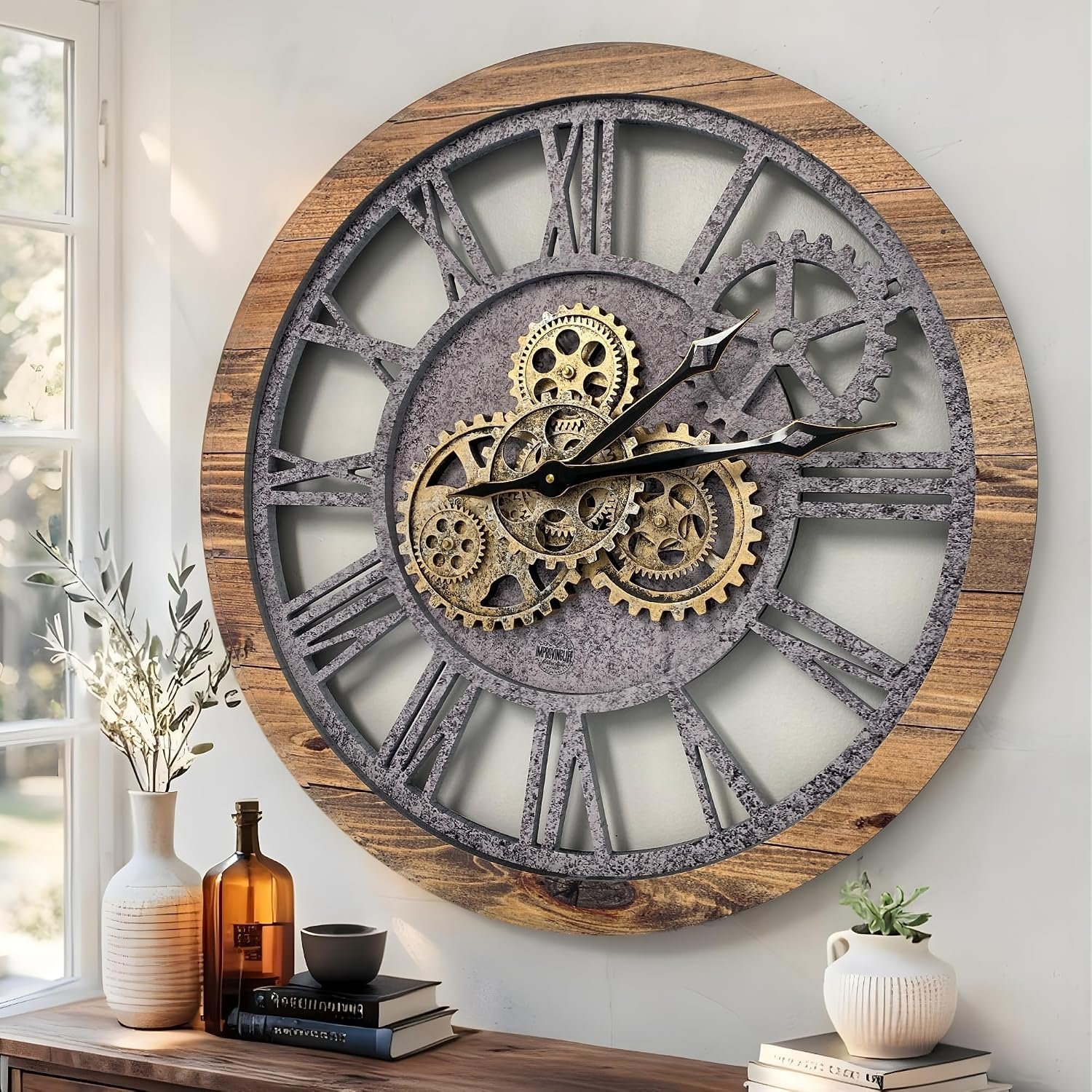 ImprovingLife The Gears Clock The Original Real Moving Gear Wall Clock Vintage Industrial Oversized Rustic Farmhouse (24 inch (60cm),Wood&Stone)