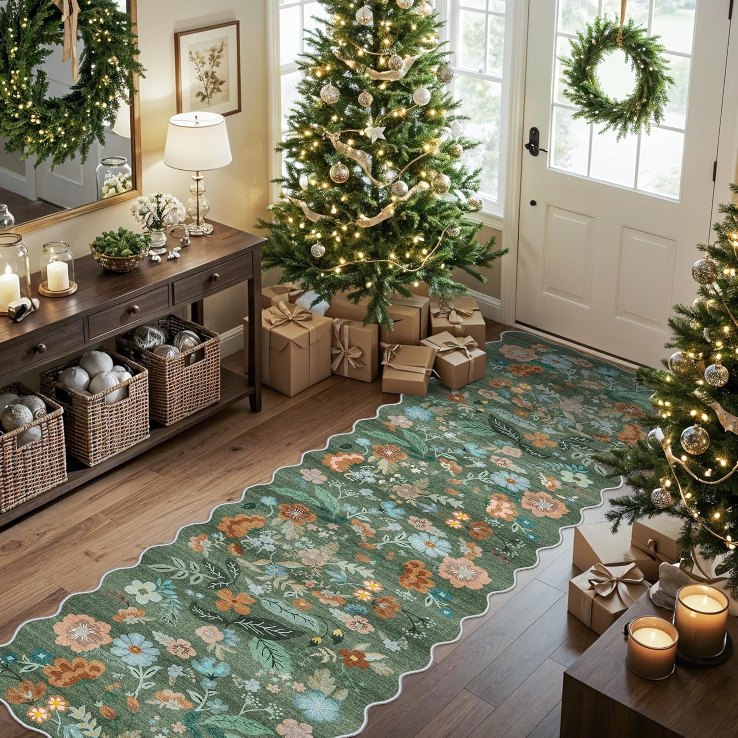 Washable 2×8 Hallway Runner Rug: Water-Resistant Kitchen Rug Soft Bedroom Carpet Non-Slip Indoor Hardwood Floor Mat for Entryway Bathroom Dining Room Boho Decorative Home Decor(2×8, Floral/Green)