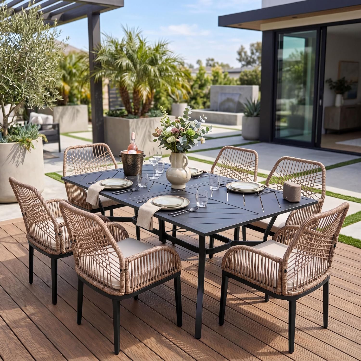 NUU GARDEN 7-Piece Patio Table and Chairs with Cushions, Outdoor Dining Set for 6, Rectangular Metal Table and Rattan Chairs with Umbrella Hole for Lawn Garden Backyard Deck, Brown