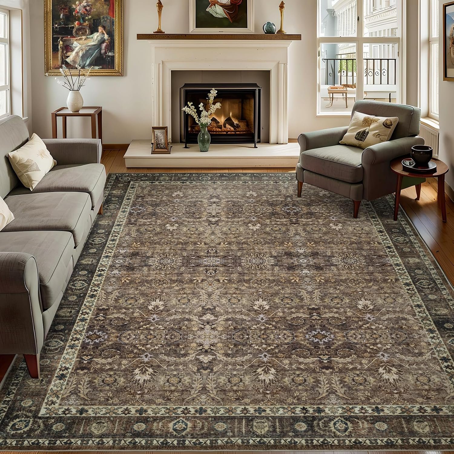 8×10 Vintage Washable Area Rug, Brown Floral