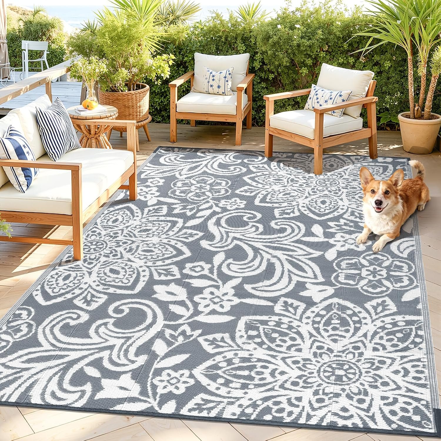 Findosom Waterproof Outdoor Rug 5′ x 8′ – Reversible Mandala Outdoor Plastic Straw Rug, Durable Foldable Patio Rug for RV, Deck, Balcony, Backyard, Picnic, Porch, Camping, Beach, Gray