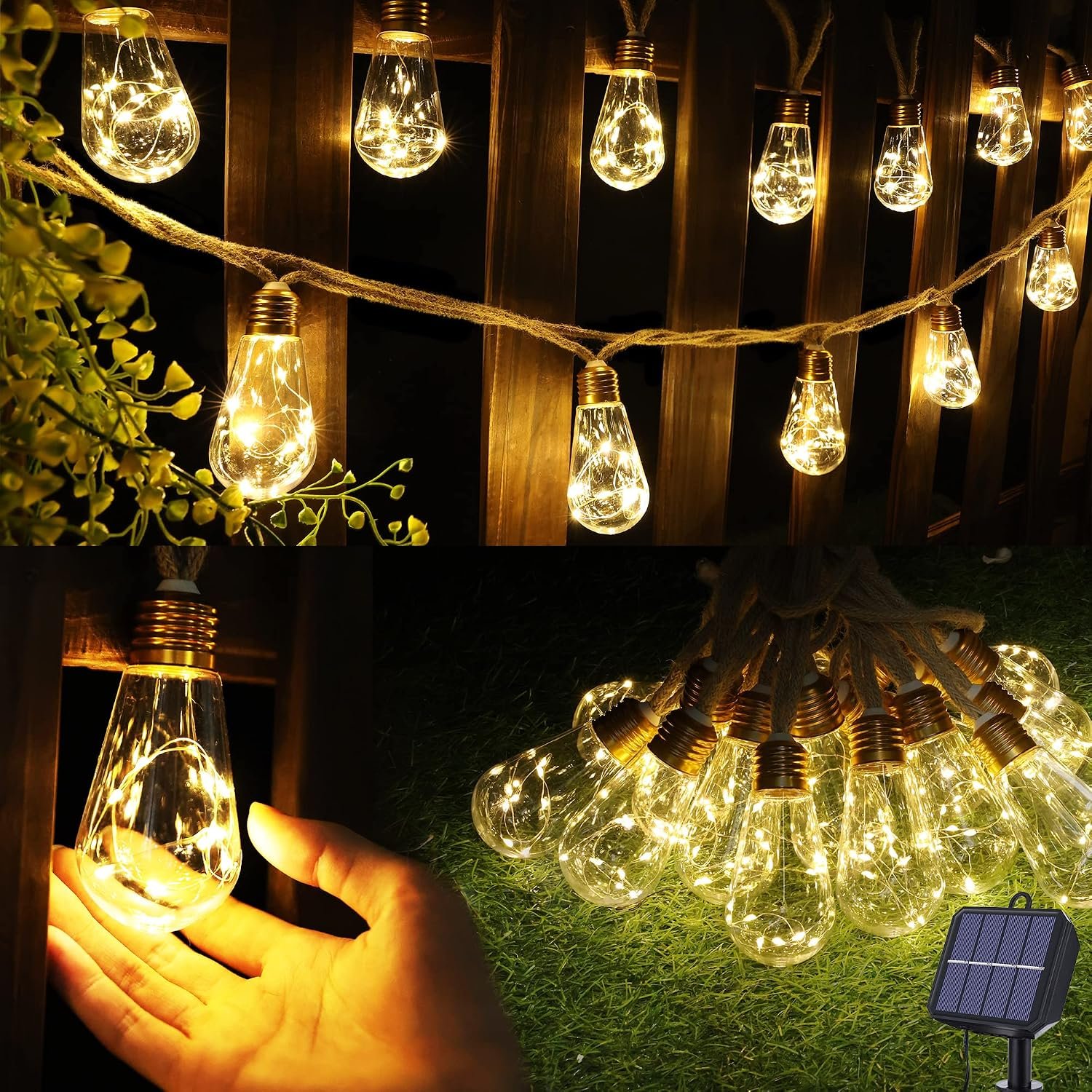 Solar Outdoor String Lights, 20Ft Vintage Rope Hemp Solar Patio Lights