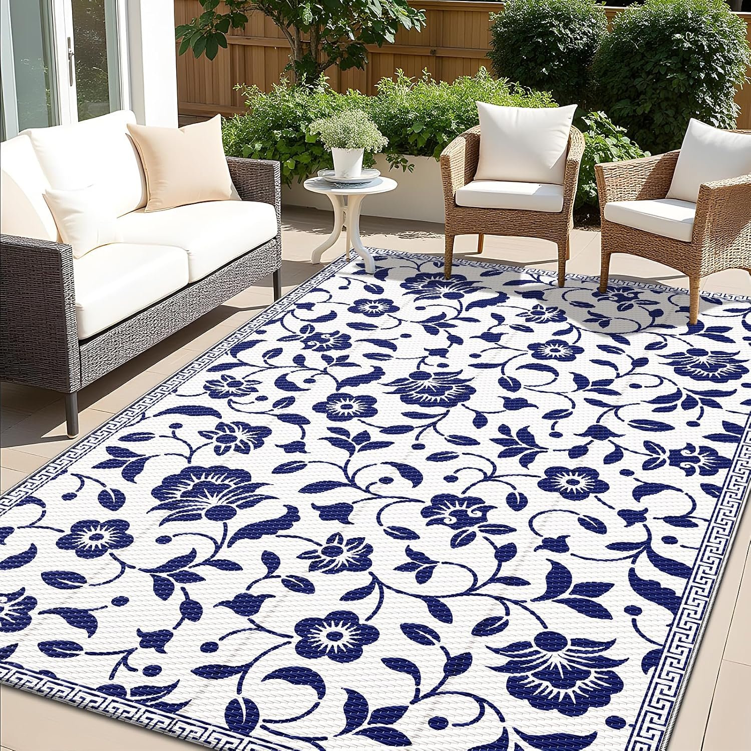 OLANLY Outdoor Rug 5×8 ft Waterproof Reversible Floral Mat, Navy & White