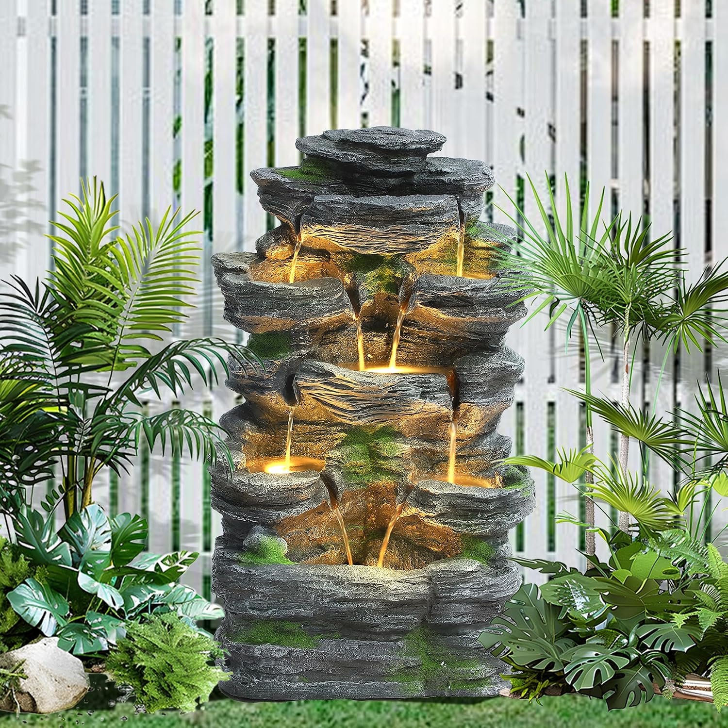 24.4″ H 7-Tier Cascading Rock Water Fountain, Outdoor Garden Water Fountain with 6 LED Lights, Indoor Outdoor Fountains and Waterfalls with Moss and Pump for Porch Backyard Home Art Decor