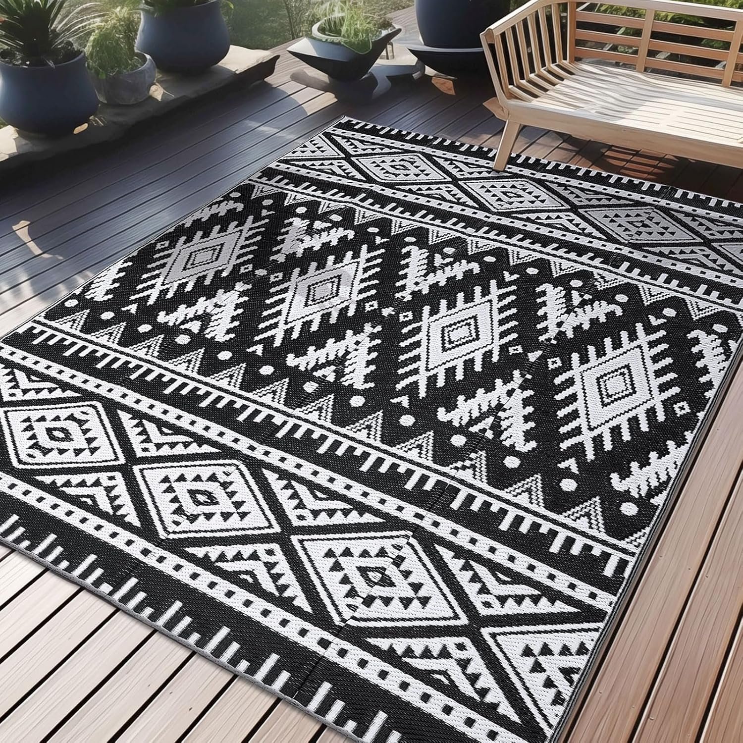 OLANLY Outdoor Rug 5×8 ft Waterproof Reversible Boho Mat, Black & White