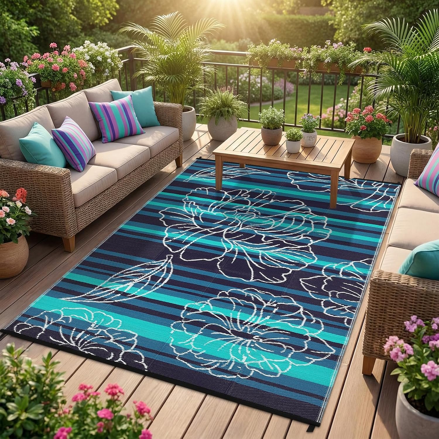 Garvee 5×8 Outdoor Waterproof Rug Reversible Straw Patio Rug Black&Blue
