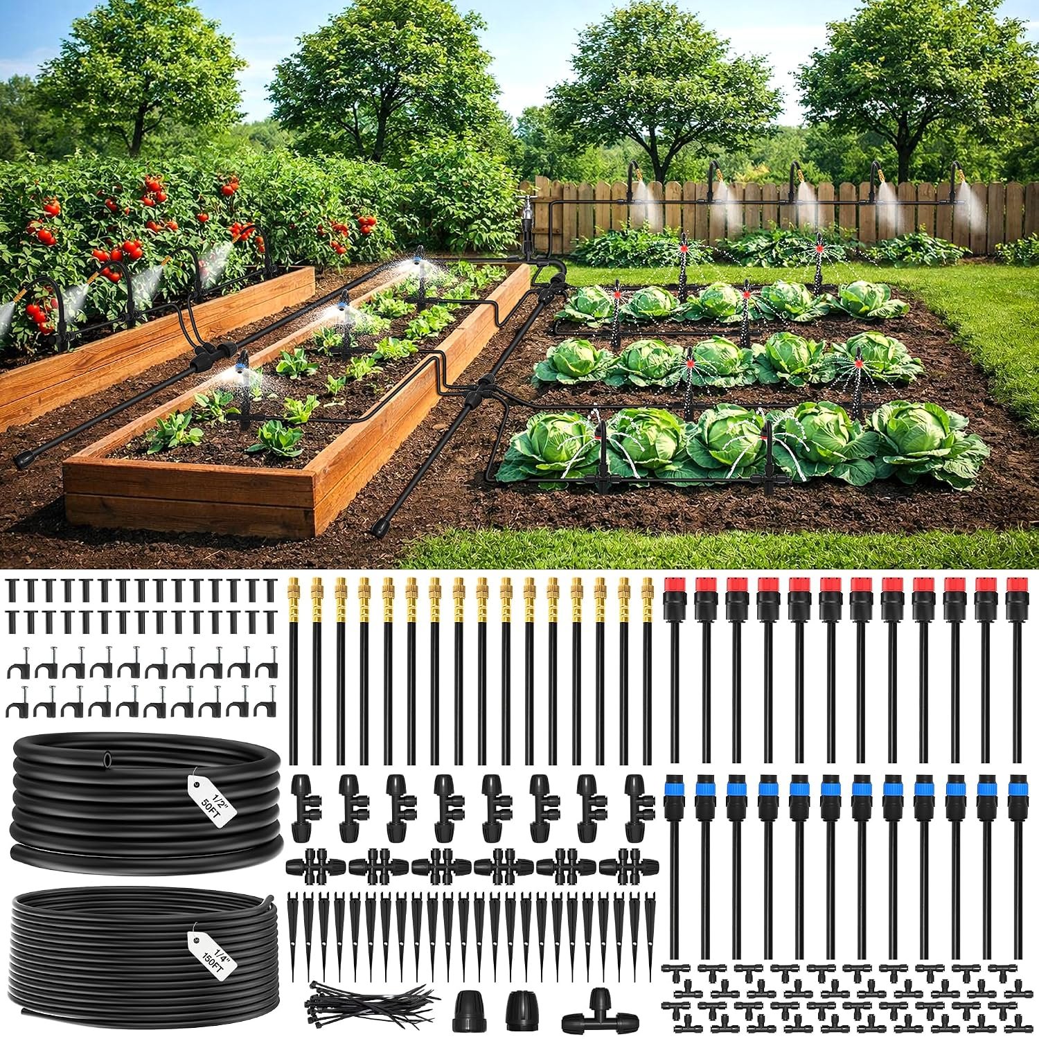 MIXC 2026-Upgrade 360° Adjustable Drip Irrigation System Kit, 200FT Bendable Watering Misting System with 3 Spray Nozzle Types, 1/2″(50FT) & 1/4″(150FT) Tubing for Garden Raised Bed Lawn & Greenhouse