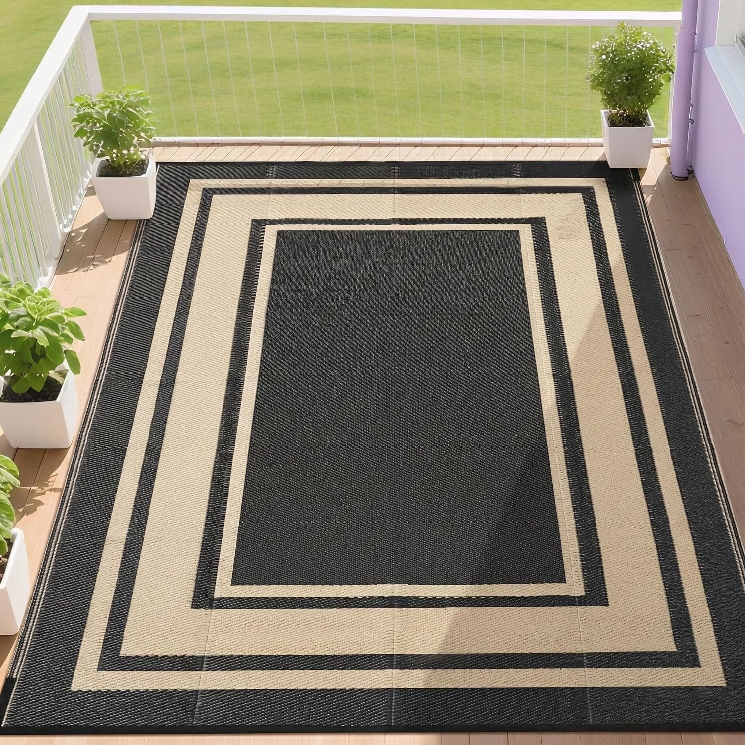 RURALITY Outdoor Rugs 6×9 Waterproof for Patios Clearance,Plastic Straw Mats for Backyard,Porch,Deck,Balcony,Reversible,Black and Beige