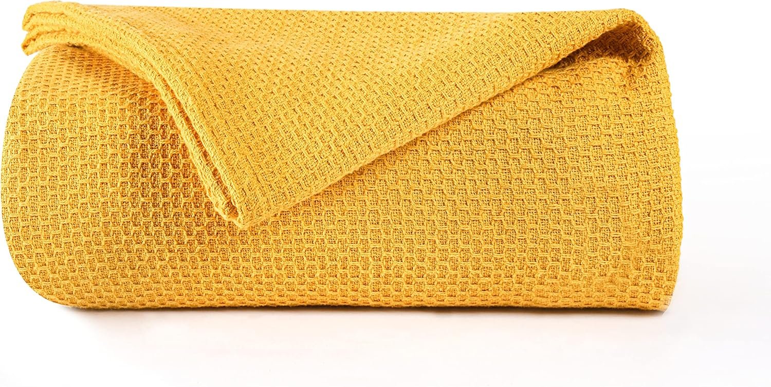 BOUTIQUO 100% Cotton Bed Blanket, Breathable Thermal Blanket Twin Size, Soft Honeycomb Waffle Blanket 60″x90″, Cotton Bed Blanket, Perfect for Layering Any Bed for All Season, Mustard Yellow