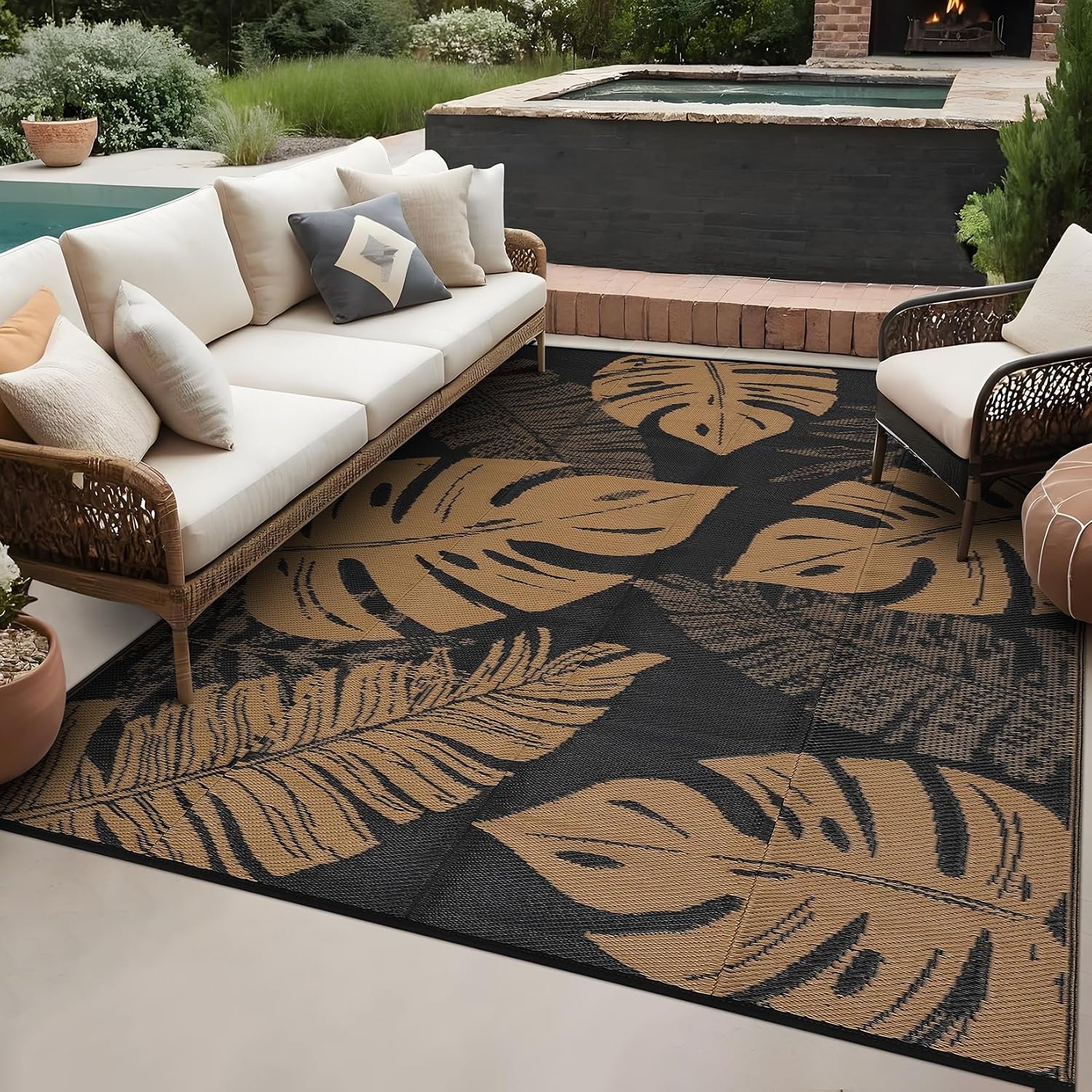 GAOMON Outdoor Rugs 8×10 Waterproof Reversible Plastic Straw Rug Modern Patio Rug, Foldable Lightweight RV Camping Mat with Portable Bag & 4 Stakes, UV Resistant & Sturdy for Picnic, Brown