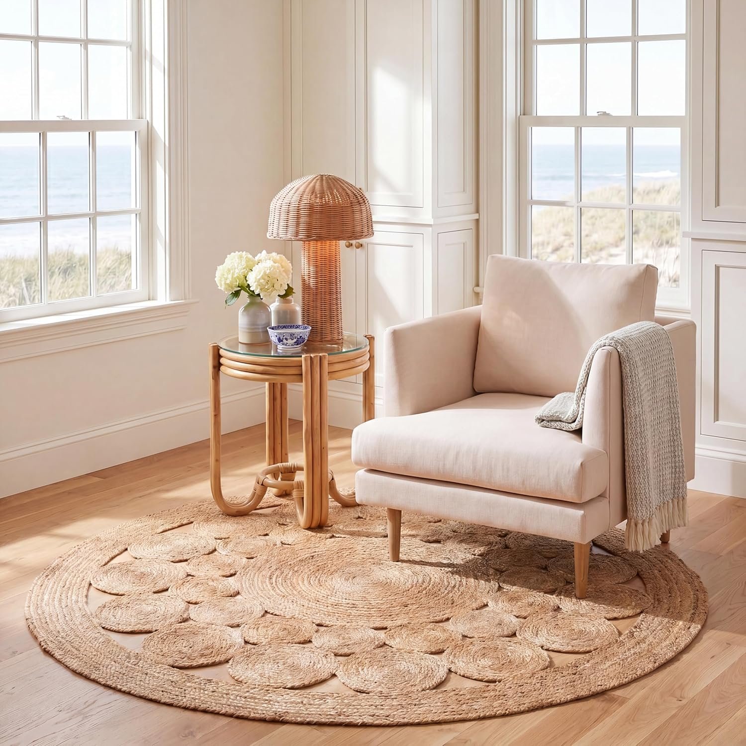 SAFAVIEH Natural Fiber Collection Area Rug – 5′ Round, Natural, Handmade Boho Country Charm Jute, Ideal for High Traffic Areas in Living Room, Bedroom (NFB309A)
