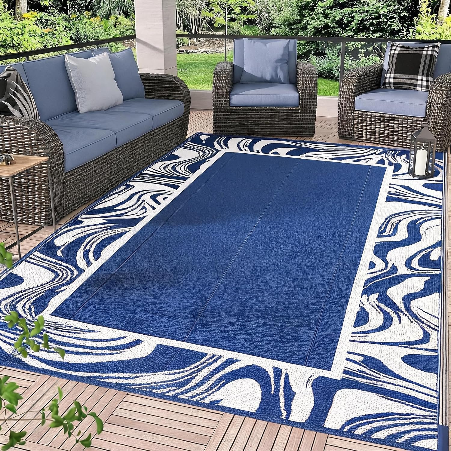 Outdoor Rug for Patio 6×9 Waterproof Reversible Mat Modern Bordered Plastic Straw Large Outdoor Carpet Foldable Patio Camping Rug for Patio, RV, Deck, Balcony, Backyard, Picnic, Beach, Clover,Navy
