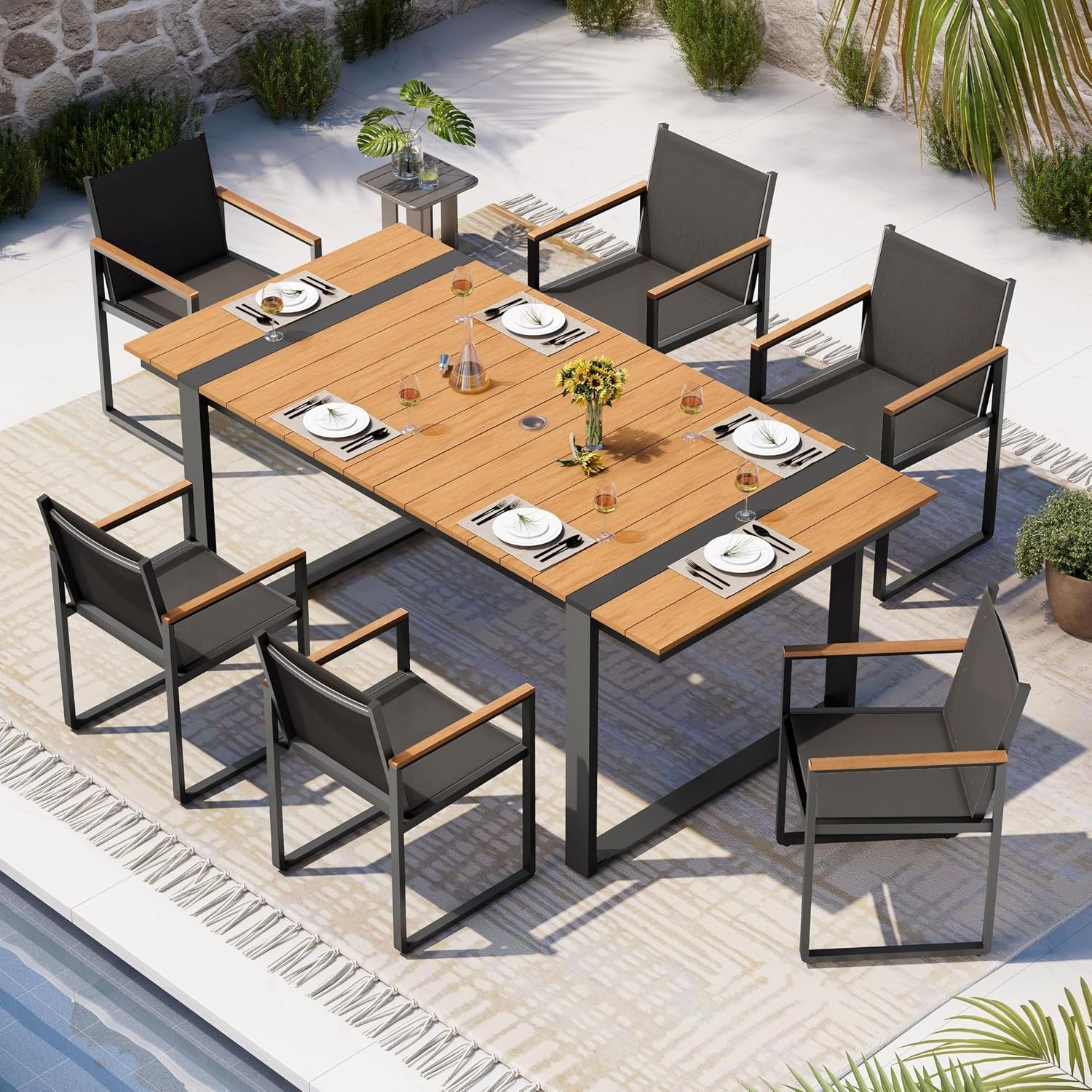 Full Grounded Outdoor Dining Set, Aluminum Patio Table and Chairs