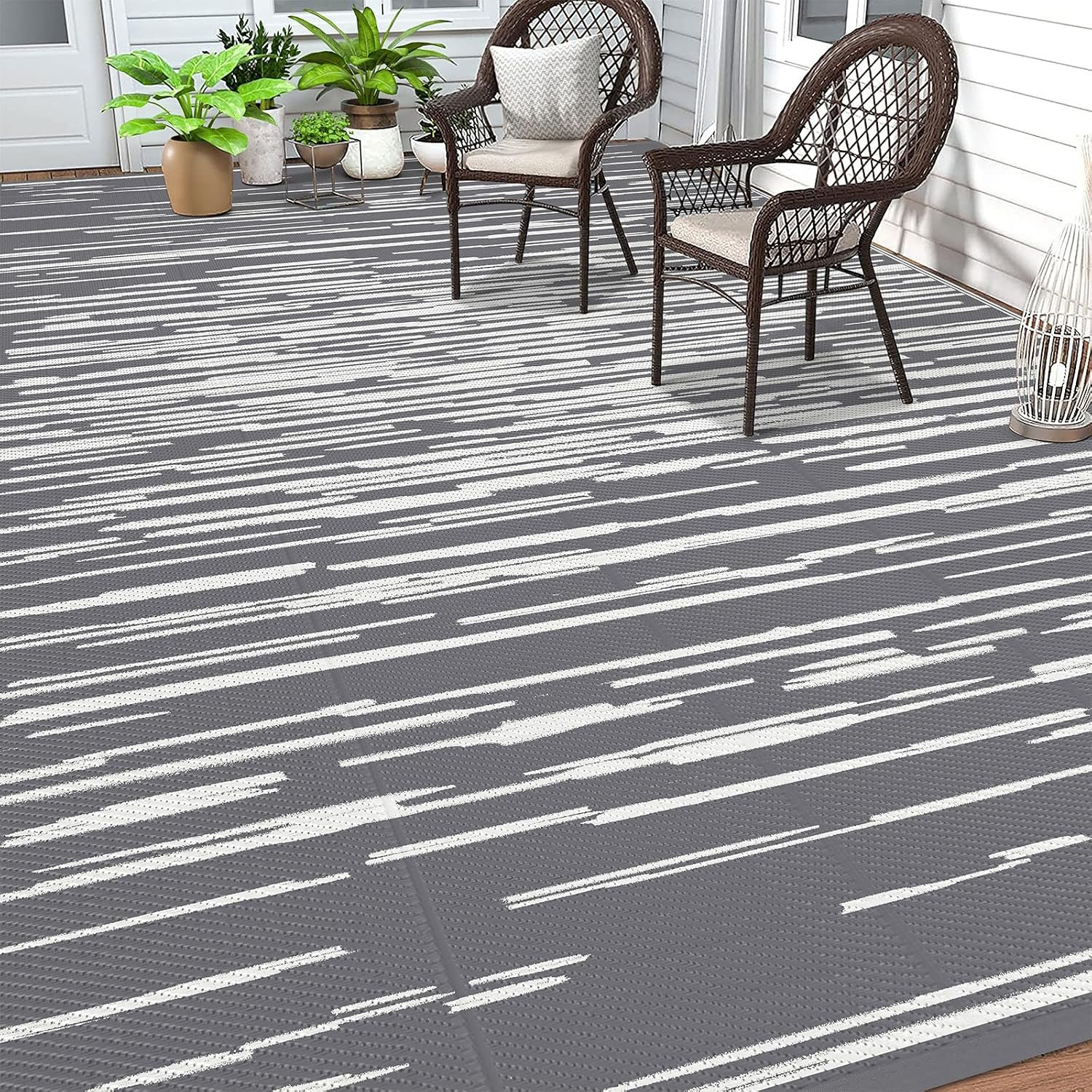 HEBE Outdoor Rug Waterproof 8’x10′, Striped Reversible Plastic Patio Rug