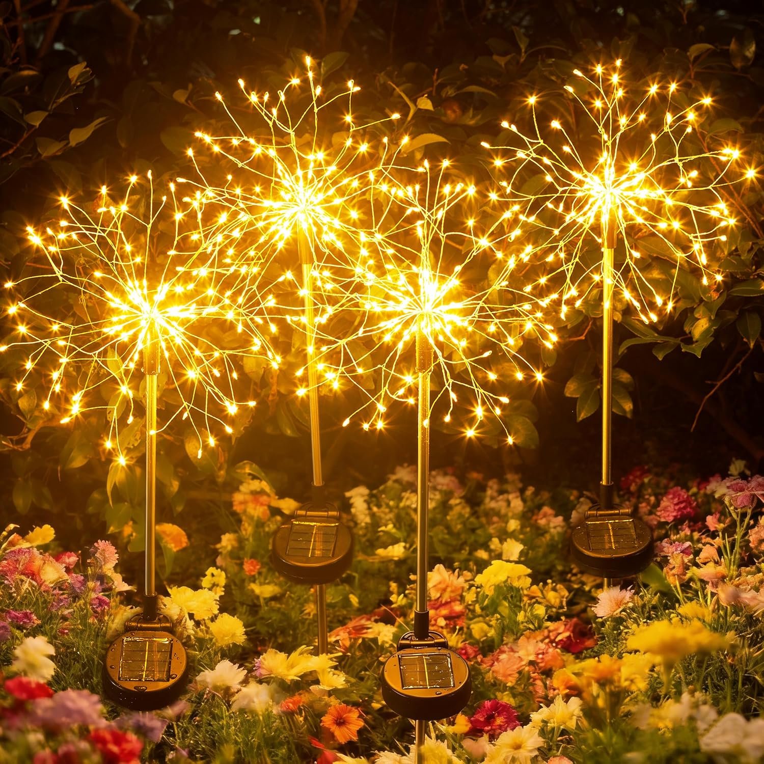 Solar Garden Lights Outdoor Yard Decorations, 4 Pack 150Leds Pathway Light, Fairy Firework Stake Lights for Garden, Patio, Pathway, Flowerbed Gold Color