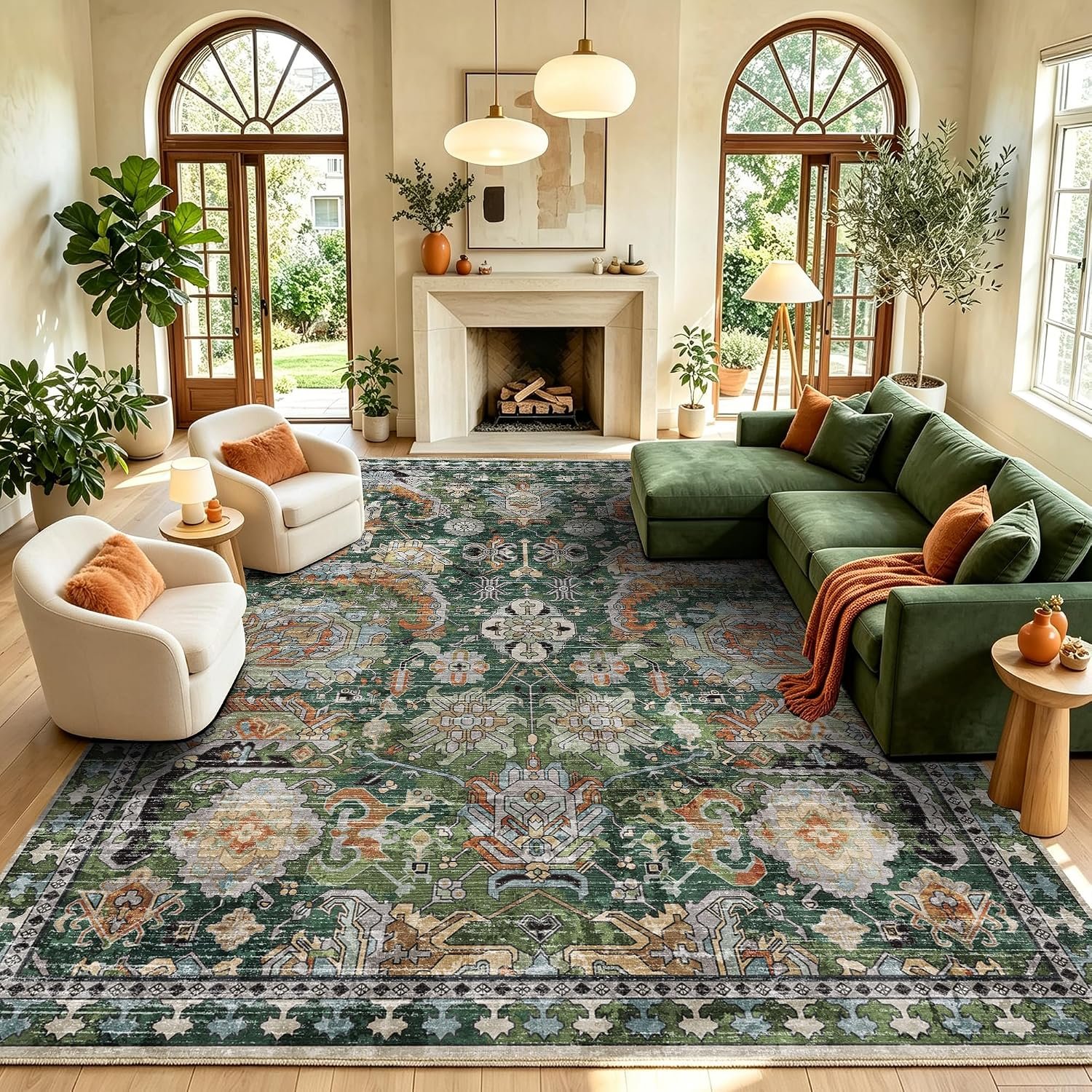 RUGSURE Washable Area Rugs – Perfect for Living Room, Bedroom, Kids Room, Nursery – Stain & Water Resistant Non-Slip, Pet & Child Friendly, Vintage Tribal Area Rugs (Green, 8′ x 10′)